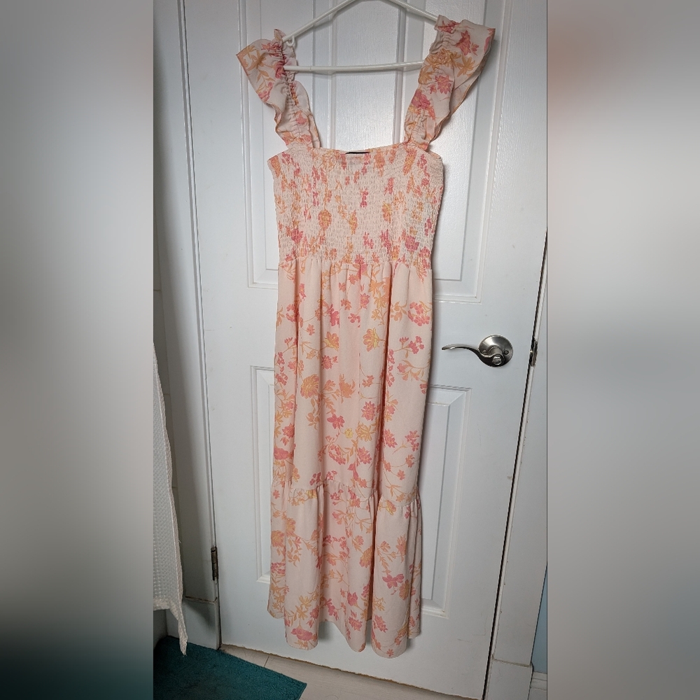 French Connection Floral Smocked Maxi Dress Peach Garden Party | M | NWT